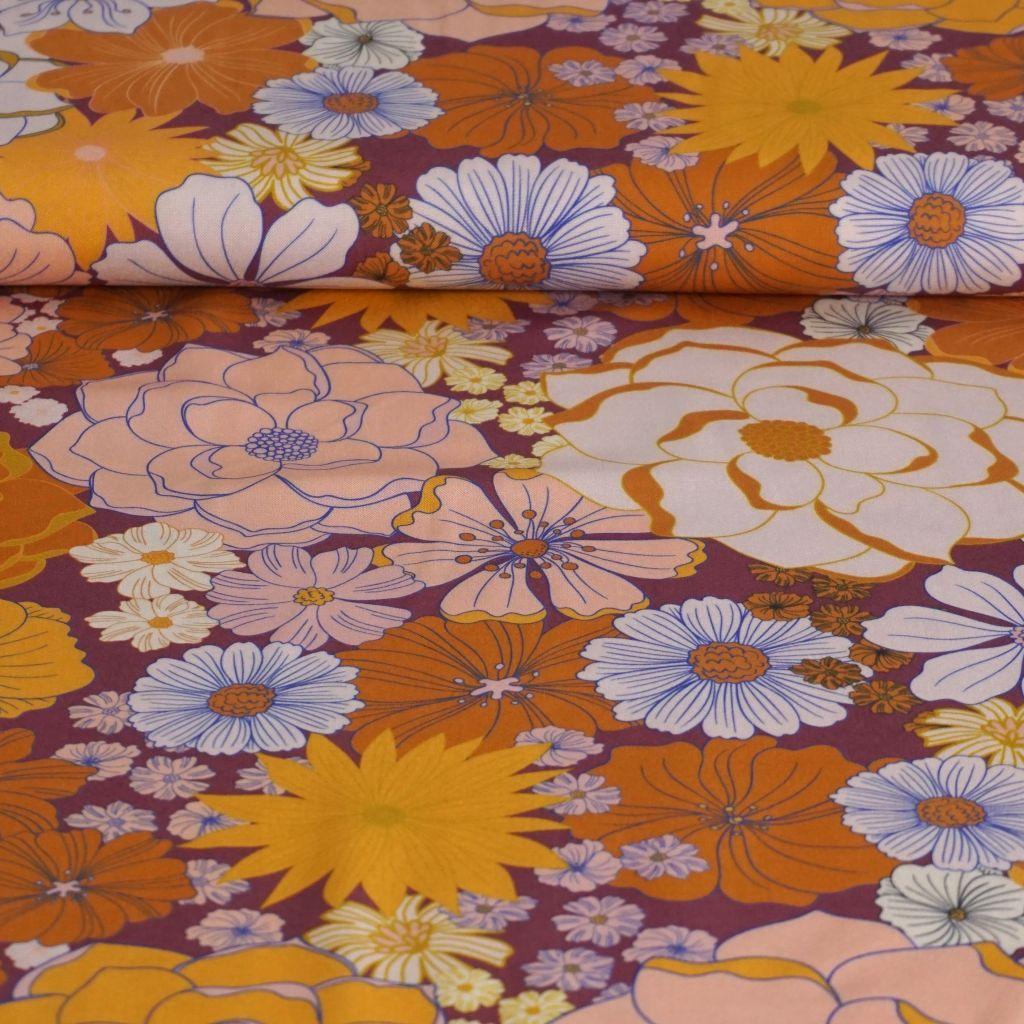 Viskose Druck Retro Blütenmischung violett gelb orange